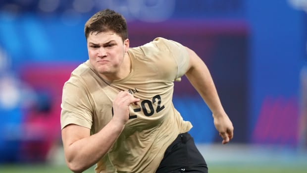 Notre Dame offensive lineman Joe Alt (OL02) during the 2024 NFL Combine at Lucas Oil Stadium.